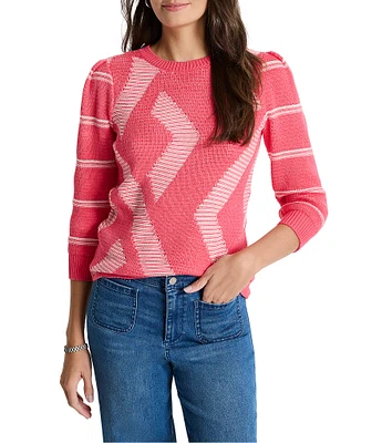NIC + ZOE This And That Novelty Cotten Blend Knit Round Neck 3/4 Sleeve Sweater
