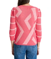 NIC + ZOE This And That Novelty Cotten Blend Knit Round Neck 3/4 Sleeve Sweater
