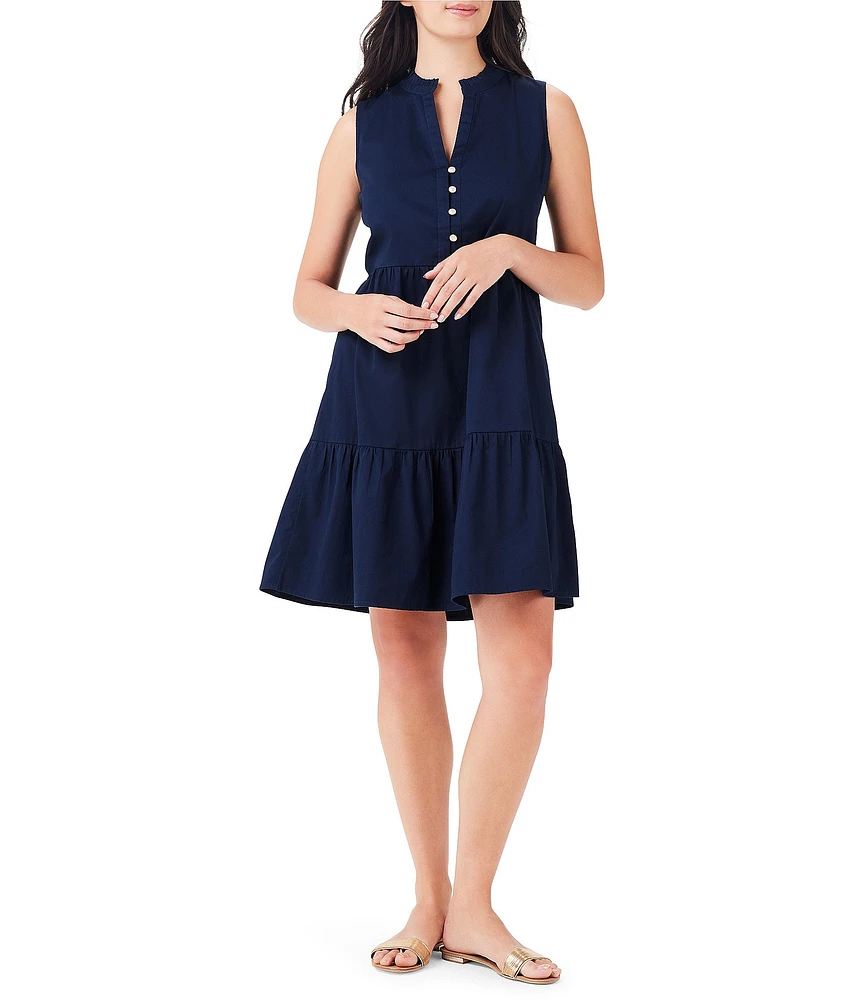 NIC + ZOE Tia Woven Banded Collar Partial Button Front V-Neck Sleeveless Tiered A-Line Dress