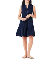 NIC + ZOE Tia Woven Banded Collar Partial Button Front V-Neck Sleeveless Tiered A-Line Dress