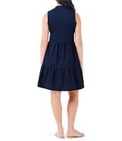 NIC + ZOE Tia Woven Banded Collar Partial Button Front V-Neck Sleeveless Tiered A-Line Dress