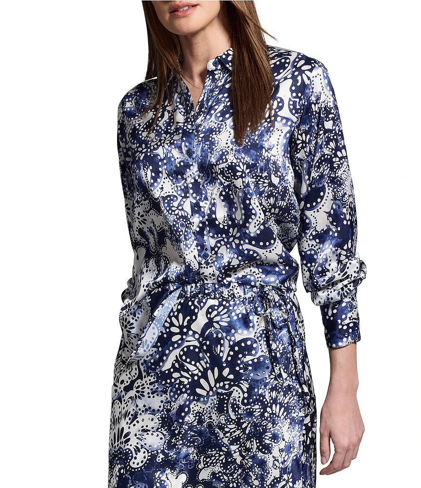 NIC + ZOE Twilight Blooms Stretch Silk Stand Collar Bishop Long Sleeve Shirt