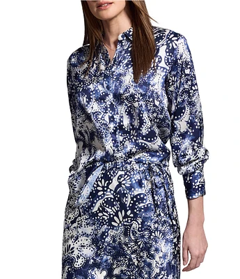 NIC + ZOE Twilight Blooms Stretch Silk Stand Collar Bishop Long Sleeve Shirt