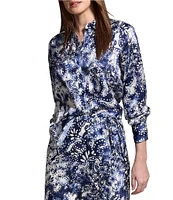 NIC + ZOE Twilight Blooms Stretch Silk Stand Collar Bishop Long Sleeve Shirt