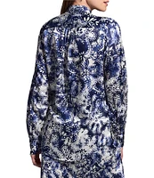 NIC + ZOE Twilight Blooms Stretch Silk Stand Collar Bishop Long Sleeve Shirt