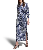 NIC + ZOE Twilight Blooms Stretch Silk Stand Collar Bishop Long Sleeve Shirt