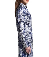 NIC + ZOE Twilight Blooms Stretch Silk Stand Collar Bishop Long Sleeve Shirt