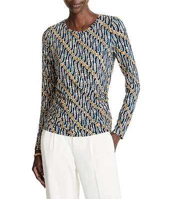 NIC + ZOE Vintage Batik Drape Round Neck Long Sleeve Top