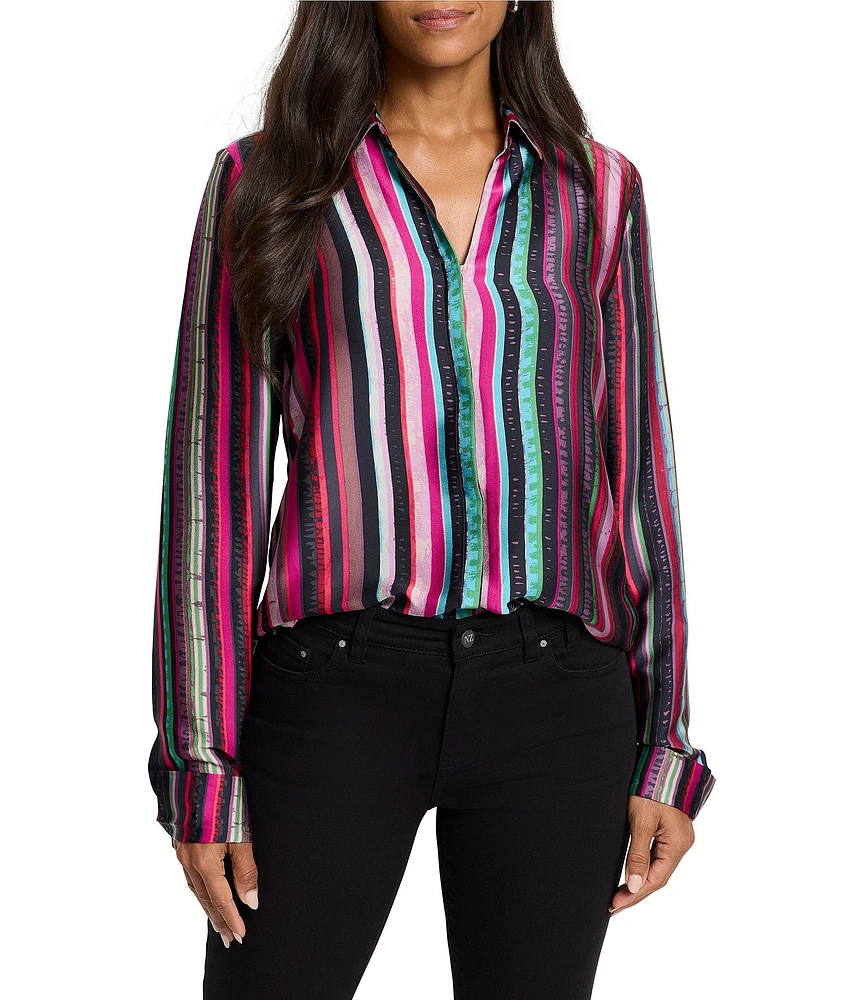 NIC + ZOE Vivid Vision Stripe Print Point Collar V-Neck Long Sleeve Shirt