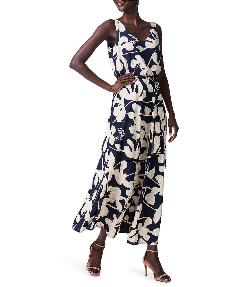 NIC + ZOE Water Lilies Print Woven Bianca V-Neck Sleeveless Belted Maxi Dress