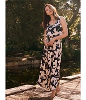 NIC + ZOE Water Lilies Print Woven Bianca V-Neck Sleeveless Belted Maxi Dress