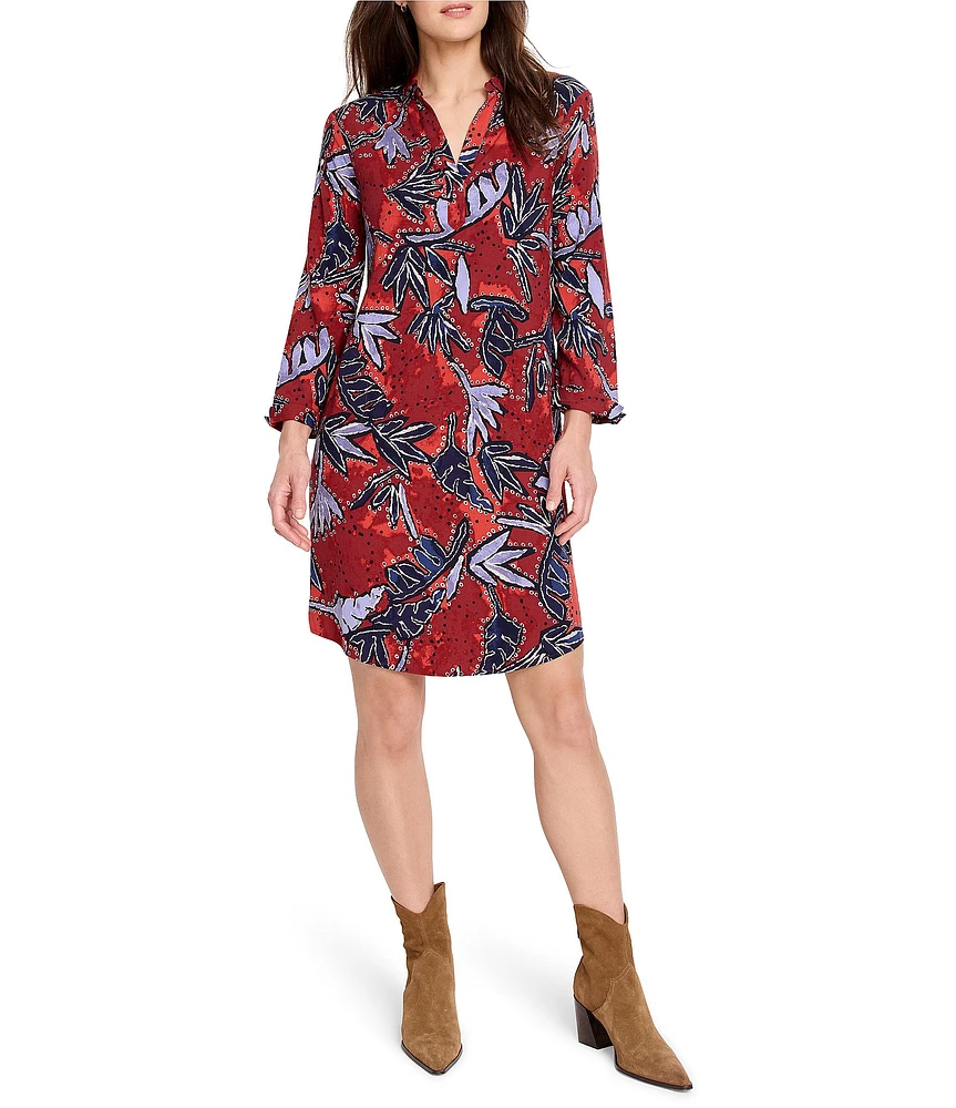 NIC + ZOE Woven Autumn Leave Live In Print Collar 3/4 Sleeves A-Line Dress