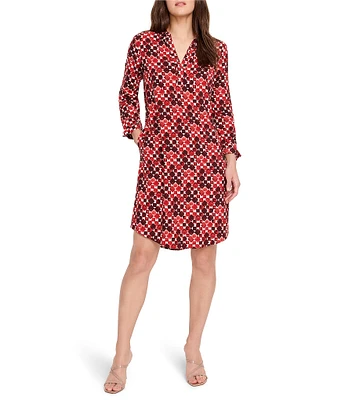 NIC + ZOE Woven Geo Dot Live In Print Split V-Neck Bracelet Sleeve Shift Dress