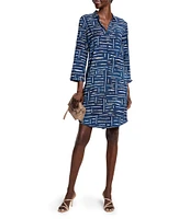 NIC + ZOE Woven Live In Indigo Dash Print Point Collar Split V-Neck 3/4 Sleeve Shift Dress