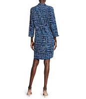 NIC + ZOE Woven Live In Indigo Dash Print Point Collar Split V-Neck 3/4 Sleeve Shift Dress