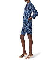 NIC + ZOE Woven Live In Indigo Dash Print Point Collar Split V-Neck 3/4 Sleeve Shift Dress