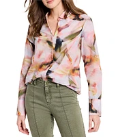 NIC + ZOE Woven Smoky Petals Print Point Collar V-Neck Long Sleeve Shirt