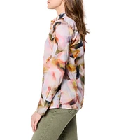 NIC + ZOE Woven Smoky Petals Print Point Collar V-Neck Long Sleeve Shirt