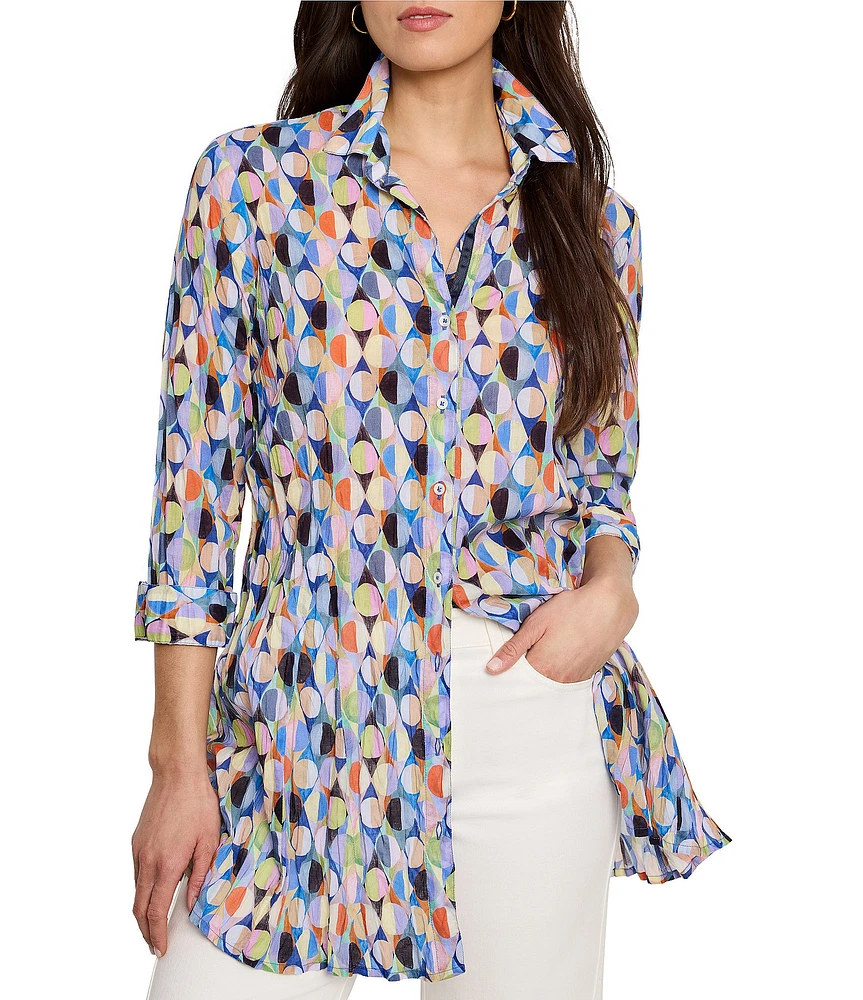 NIC + ZOE Woven Social Circles Print Crinkle Point Collar Long Sleeve Shirt