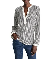 NIC + ZOE Zig Zag Stripe Knit Split V-Neck Long Sleeve Top
