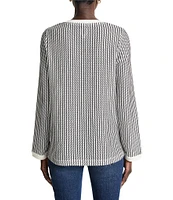 NIC + ZOE Zig Zag Stripe Knit Split V-Neck Long Sleeve Top