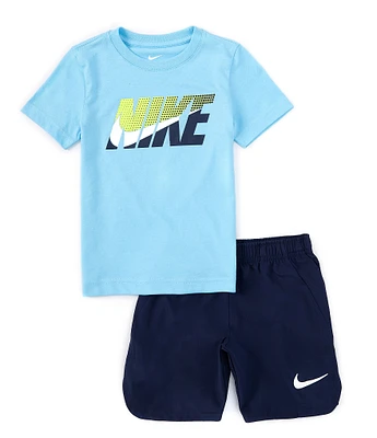 Nike Little Boys 2T-7 Short Sleeve Nike Branded Logo Knit T-Shirt & Woven Shorts Set