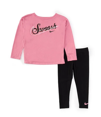 Nike Little Girls 2T-6X Long-Sleeve Scripted-Text Drapey Jersey Knit T-Shirt & Tricot Leggings Set