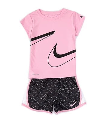 Nike Little Girls 2T-6X Short Sleeve Swooshfetti Interlock T-Shirt & Printed Microfiber Shorts Set