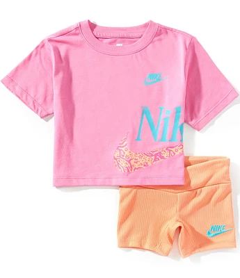 Nike Little Girls Short Sleeve Wildflower-Logo Boxy T-Shirt & Solid Biker Shorts Set