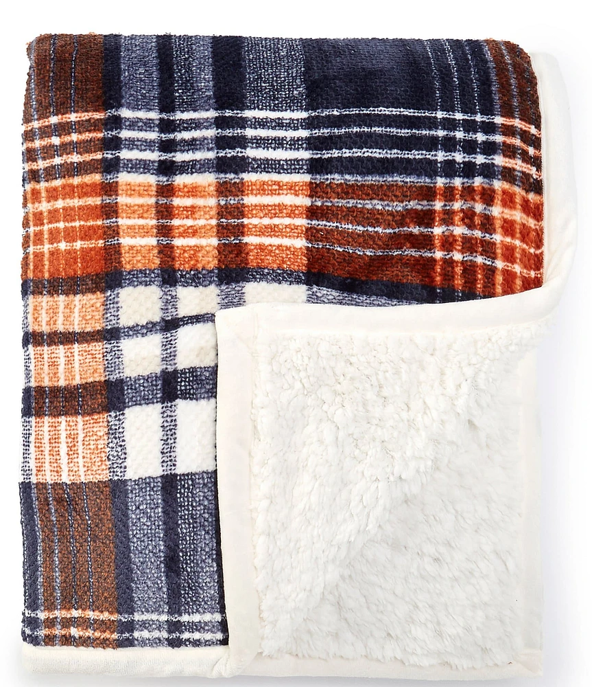 Noble Excellence Warm Shop Collection Hudson Boulder Plaid Velvet & Sherpa Throw