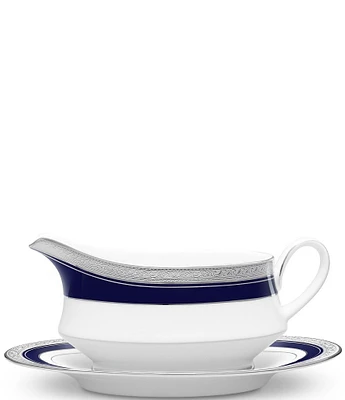 Noritake Crestwood Cobalt Etched Platinum Porcelain Gravy Boat with Stand