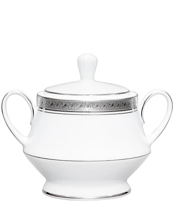 Noritake Crestwood Etched Platinum Porcelain Sugar Bowl with Lid