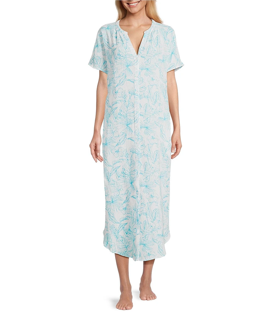 Nottibianche Cap Sleeve Split Round Neck Woven Button Front Double Cloth Palm Print Caftan