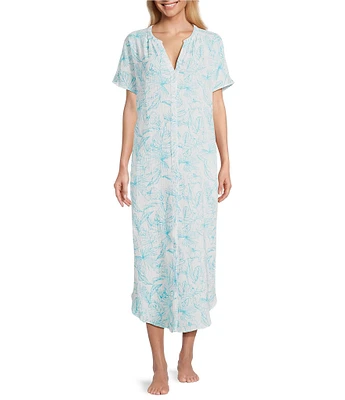 Nottibianche Cap Sleeve Split Round Neck Woven Button Front Double Cloth Palm Print Caftan
