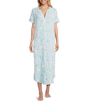 Nottibianche Cap Sleeve Split Round Neck Woven Button Front Double Cloth Palm Print Caftan