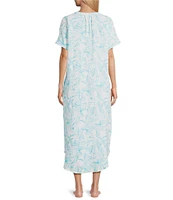 Nottibianche Cap Sleeve Split Round Neck Woven Button Front Double Cloth Palm Print Caftan