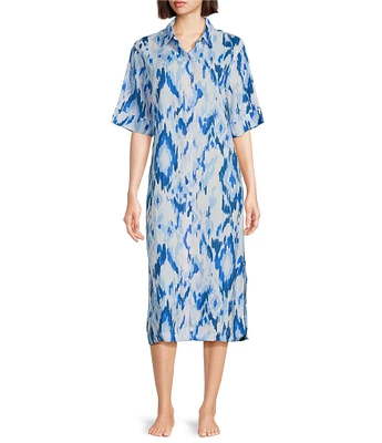 Nottibianche Ikat Print Notch Collar Short Sleeve Button-Front Caftan