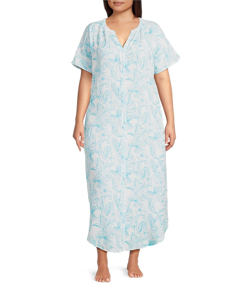 Nottibianche Plus Size Cap Sleeve Split Round Neck Woven Double Cloth Palm Print Caftan