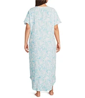 Nottibianche Plus Size Cap Sleeve Split Round Neck Woven Double Cloth Palm Print Caftan