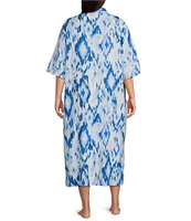 Nottibianche Plus Size Ikat Print Point Collar Short Sleeve Button-Front Caftan