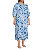 Nottibianche Plus Size Ikat Print Point Collar Short Sleeve Button-Front Caftan