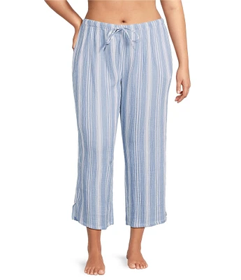 Nottibianche Plus Size Striped Gauze Drawstring Tie Coordinating Cropped Sleep Pants