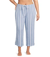 Nottibianche Plus Size Striped Gauze Drawstring Tie Coordinating Cropped Sleep Pants
