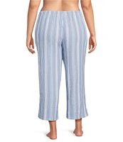 Nottibianche Plus Size Striped Gauze Drawstring Tie Coordinating Cropped Sleep Pants
