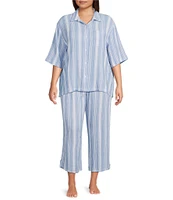 Nottibianche Plus Size Striped Gauze Drawstring Tie Coordinating Cropped Sleep Pants