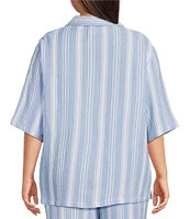 Nottibianche Plus Size Striped Gauze Short Sleeve Notch Collar Button Front Coordinating Sleep Top
