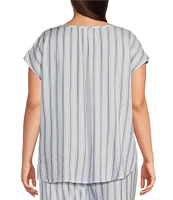 Nottibianche Plus Size Striped Split Round Neck Cap Sleeve Coordinating Woven Sleep Top