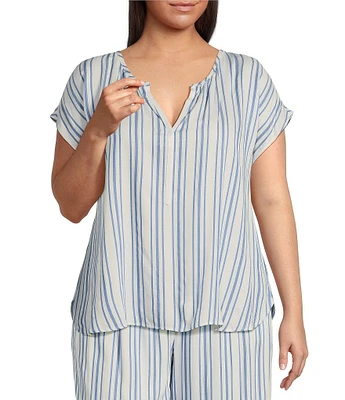 Nottibianche Plus Size Striped Split Round Neck Cap Sleeve Coordinating Woven Sleep Top