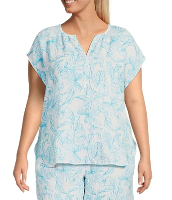 Nottibianche Plus Size Woven Double Cloth Palm Print Cap Sleeve Split Round Neck Coordinating Sleep Top