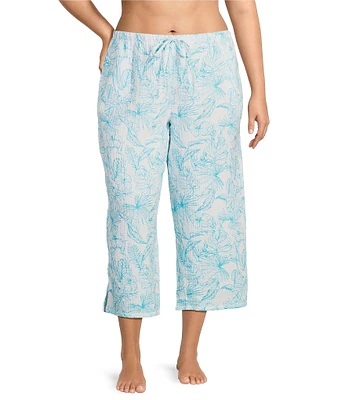 Nottibianche Plus Size Woven Double Cloth Palm Print Drawstring Tie Coordinating Cropped Sleep Pants